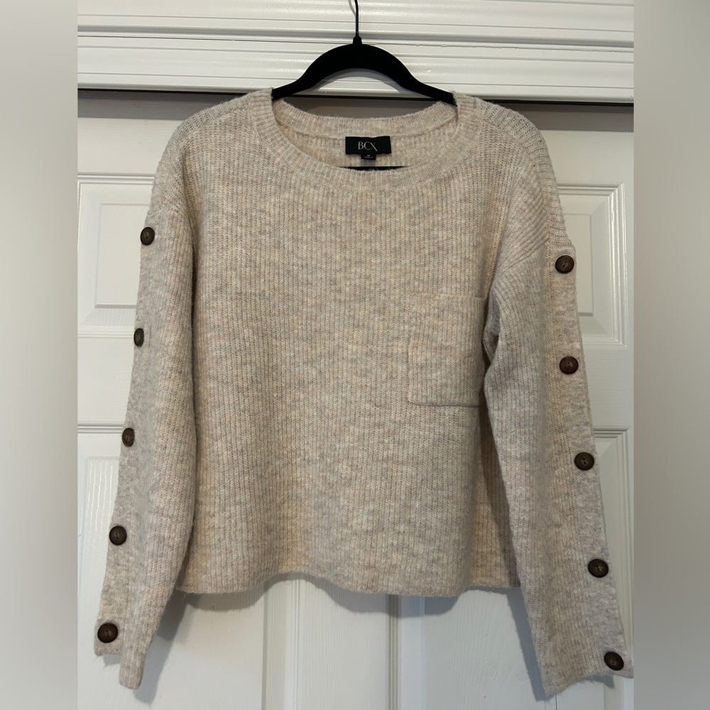BCX Oatmeal Pullover Sweater with Button Sleeves